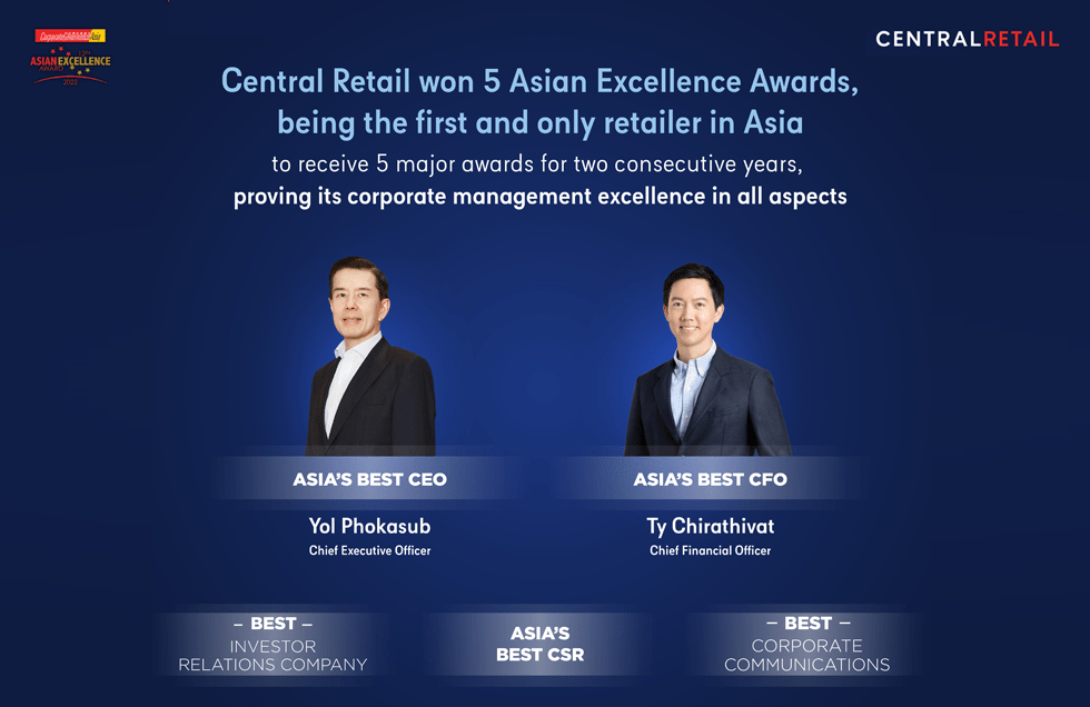 Central Retail, the first and only retailer in Asia, to receive 5 major Asian Excellence Awards 2022 for two consecutive years, proving its corporate management excellence in all aspects